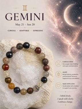 Gemini, Genuine Agate Handmade, Multicolor Beaded Stretch Bracelet. Unisex